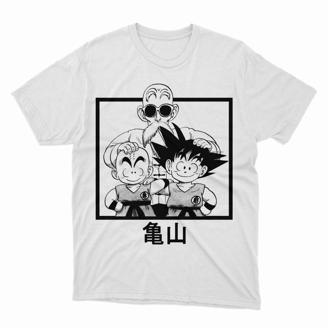 Camiseta Branca Mestre Kame, Goku e Kuririn