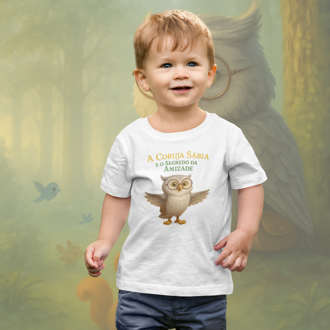 Camiseta Infantil A Coruja Sábia e o Segredo da Amizade
