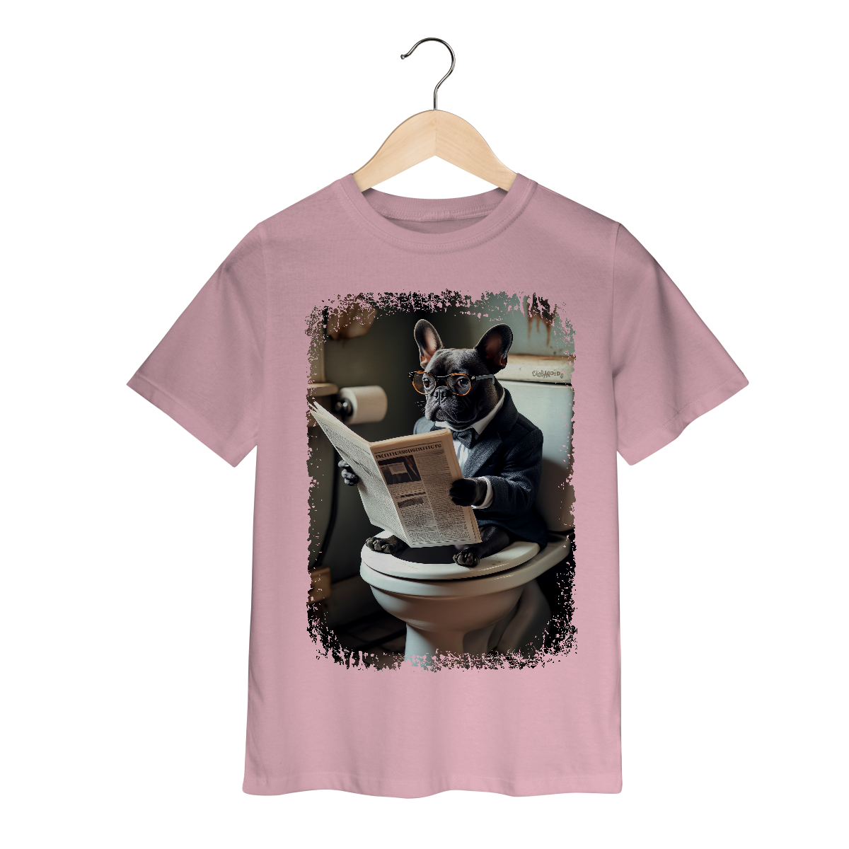 Camiseta Infantil Bulldog Francês no Trono Lendo Jornal